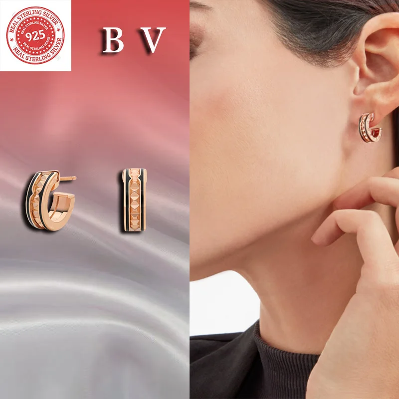 Pure silver s925 fashionable B V trendy French charm light luxury jewelry classic BV black earrings men's decoration