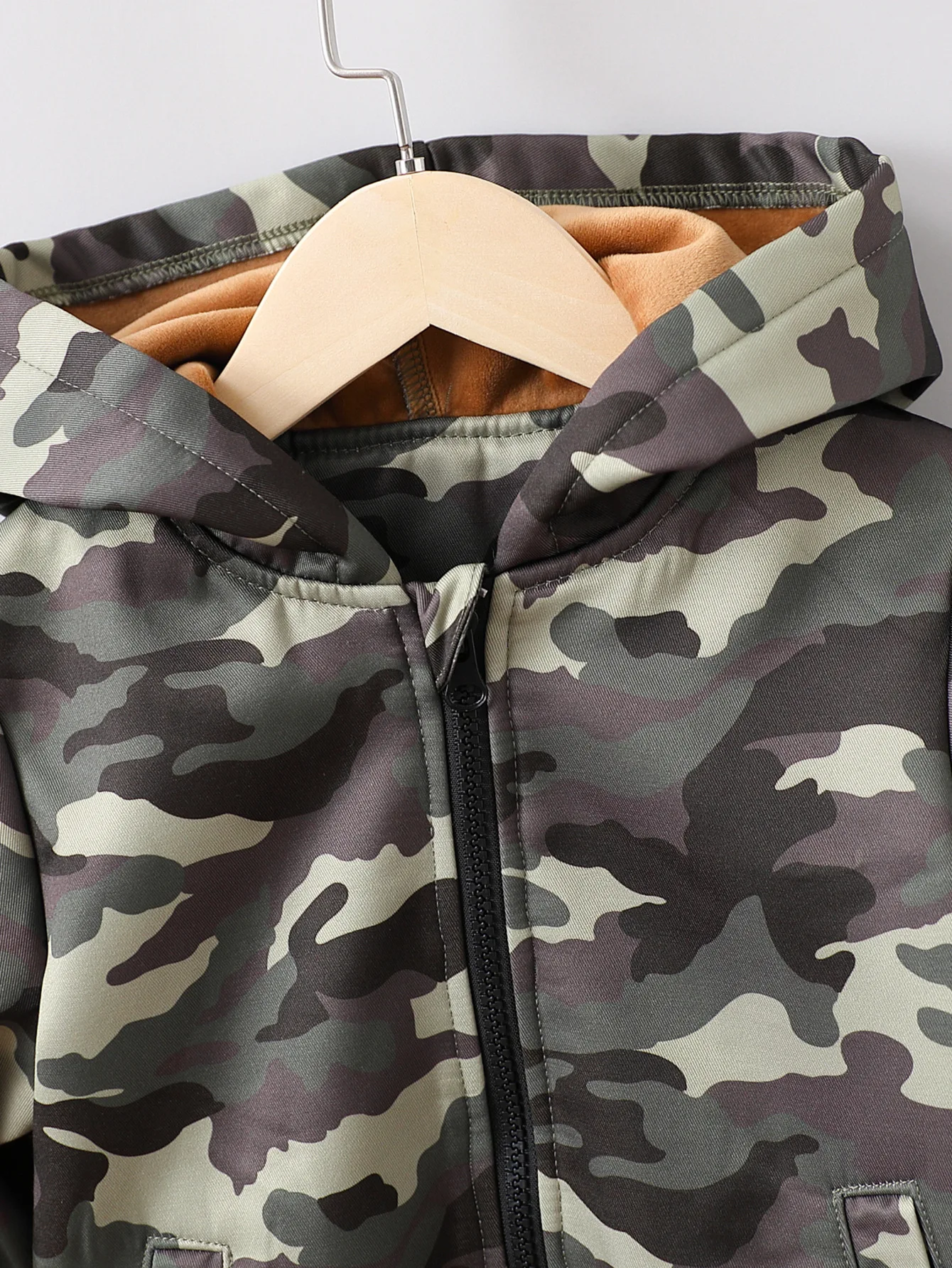 2023 New Autumn Winter Jacket Kids Clothes Fleece-lined Coat Unisex Zipper Hooded All-match Camouflage Casual Long Sleeve