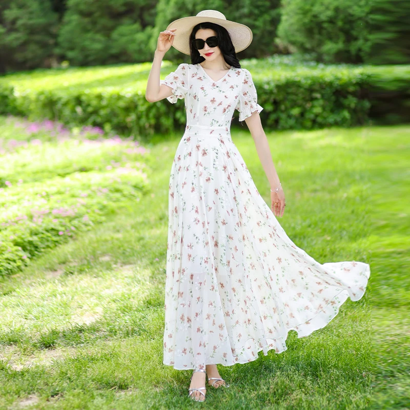 Férias de verão floral renda com decote em v vestido longo jovem emagrecimento elegante vestido novo 2025 praia saia na moda casual maxi vestido
