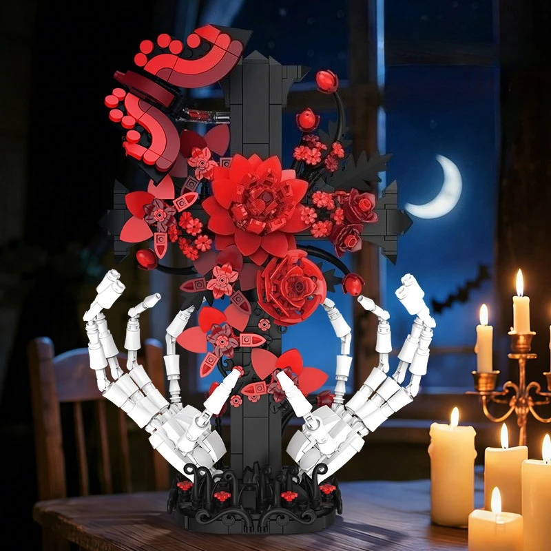 

New MOC Gothic Skull Cross Bouquet Achievement with Both Hands Christianity Bible Cross Flowers Bricks Assembly Toys Kids Gifts