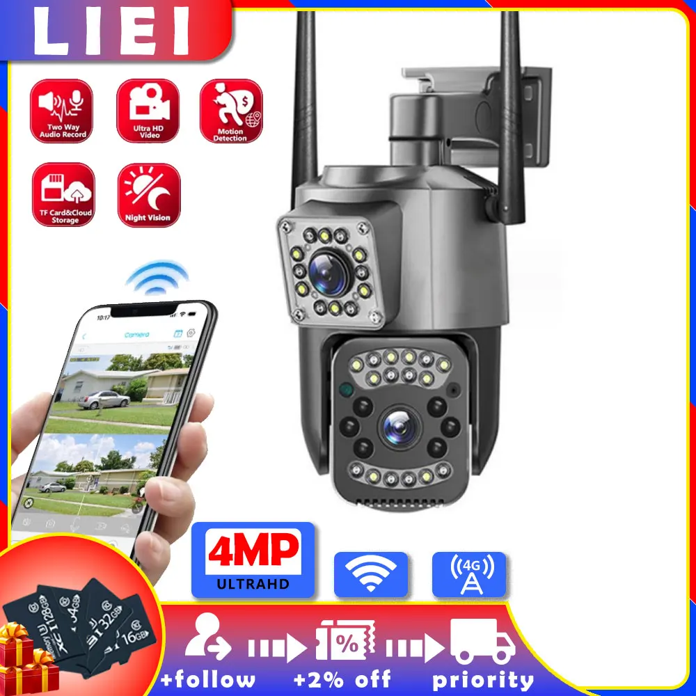 

LIEI 4G/WIFI Surveillance Camera 4MP Dual Lens Wireless Outdoor Security PTZ IP 360 Cameras AI Human Detect Digital CCTV Camera