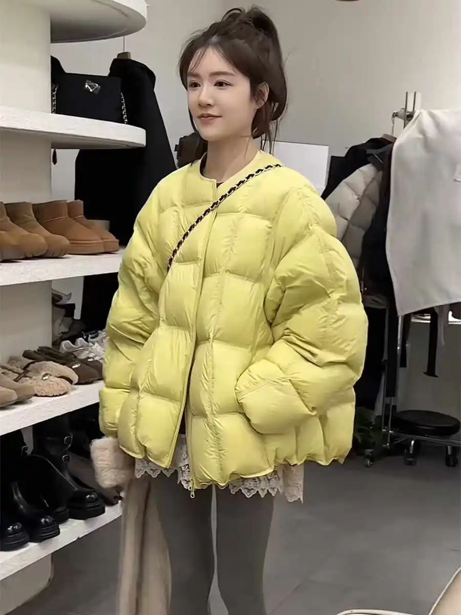 

Корейская короткая куртка-пуховик женская, свободного кроя, теплая зимняя, с узором в мелкую клетку, в стиле «хлебный пуховик», с дизайном «черепашья спина»