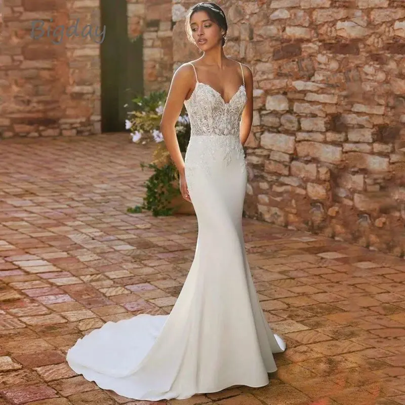 Elegante sereia vestido de casamento feminino 2025 aberto volta renda com decote em v cintas de espaguete vestidos de noiva trem novia personalizado