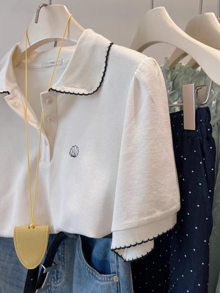 

Shell Embroidery Polo;s Neck Cute Short Sleeve Top For Women 2025 Summer Color Block T-shirt