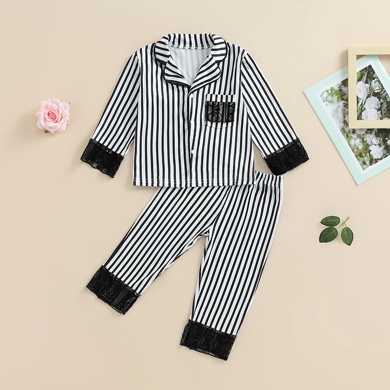 Kid Girls Boys Stripe Pajamas Set Lace Patchwork Long Sleeve Button-Down Tops Long Pants 2 Pieces Lounge Suit Sleepwear