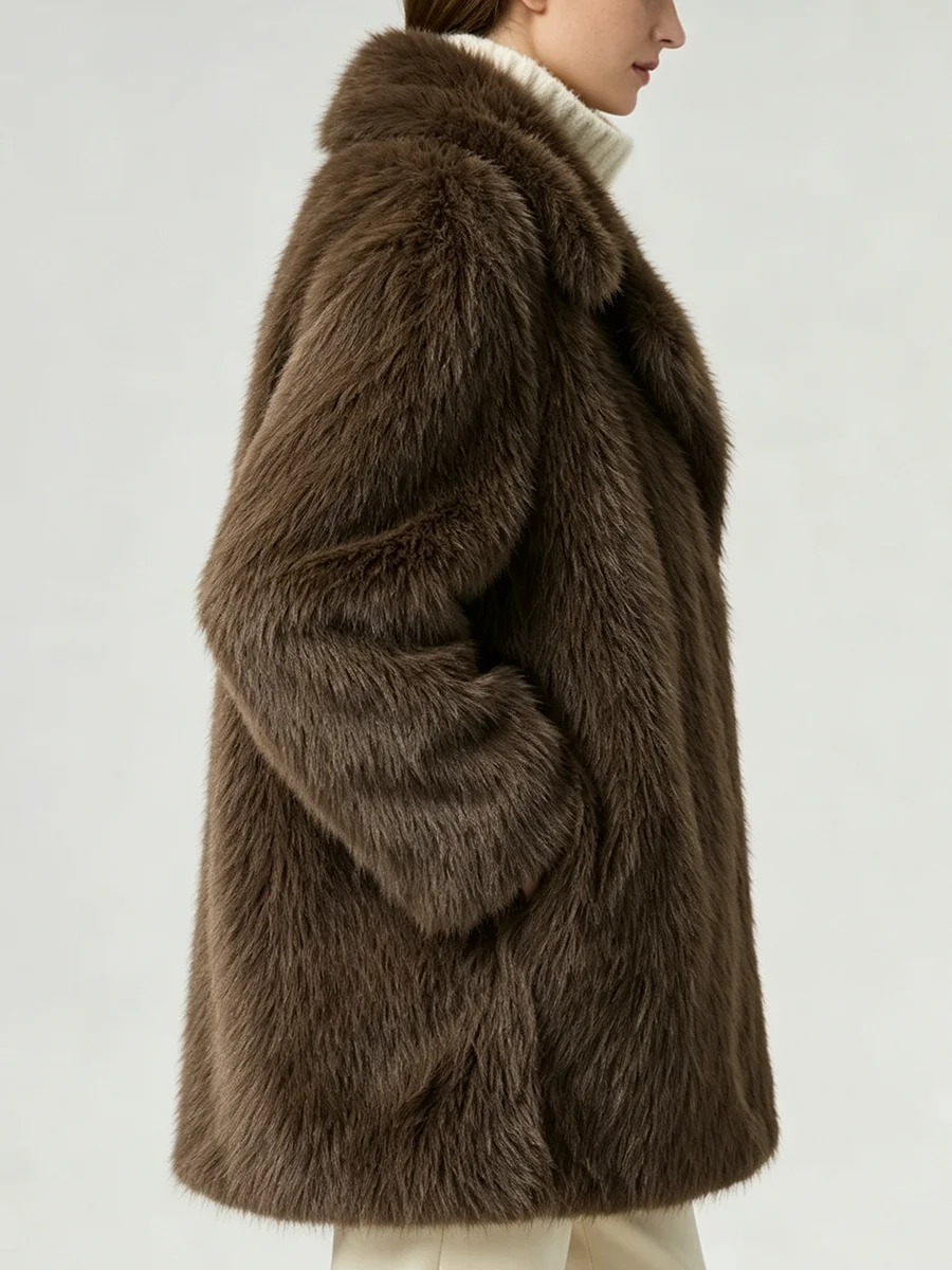 LIMO Women Brown Faux Shaggy Fur Coat Lapel Loose Oversized Plush Jacket Winter Thick Warm Fluffy Eco Friendly Fur Outerwear