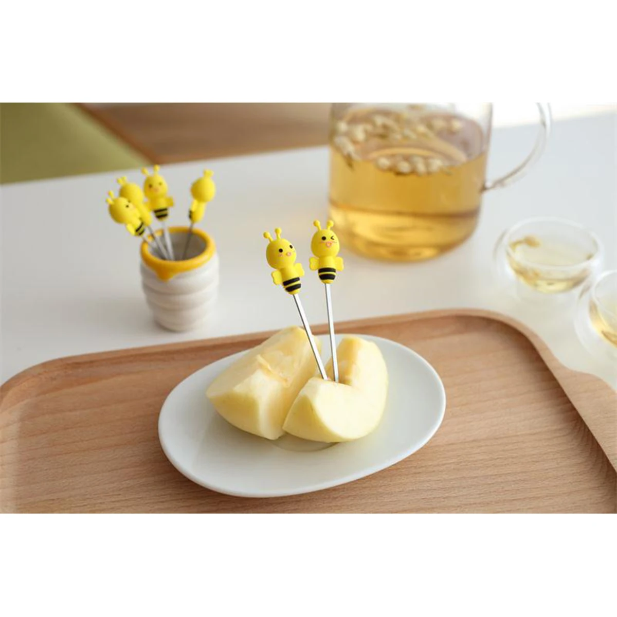 

6pcs Fruit Forks Set Ceramic Holder Bee Shaped Soft Silicone Handles Stainless Steel Mini Cakes Pastry Salad Dessert Party
