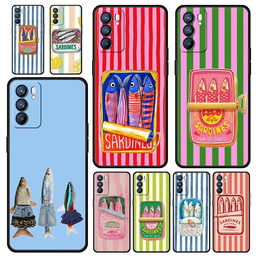Capa de Telefone para Oppo A17 A31 A54 A57 A79 A79 A80 A98 Find X5 X6 Reno 7 8 10 11 12 13 F Pro 5G em TPU Macio com Estampa Divertida de Peixe Sardinha a Laser