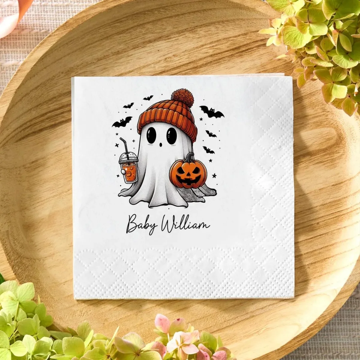 50pcs Personalized Halloween Ghost Napkins: Custom Name, Spooky Party
