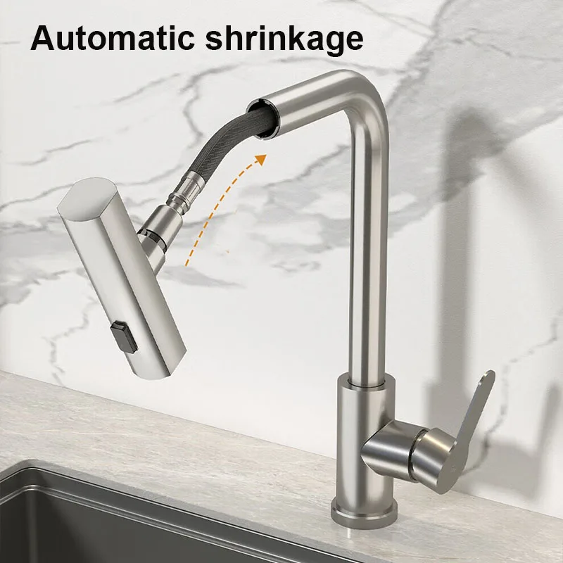 โลหะสีเทาก๊อกน้ําห้องครัวก๊อกน้ําทองเหลืองดึงออกอ่างล้างจานก๊อกน้ําก๊อกน้ําร้อนและเย็นดาดฟ้าติดตั้ง