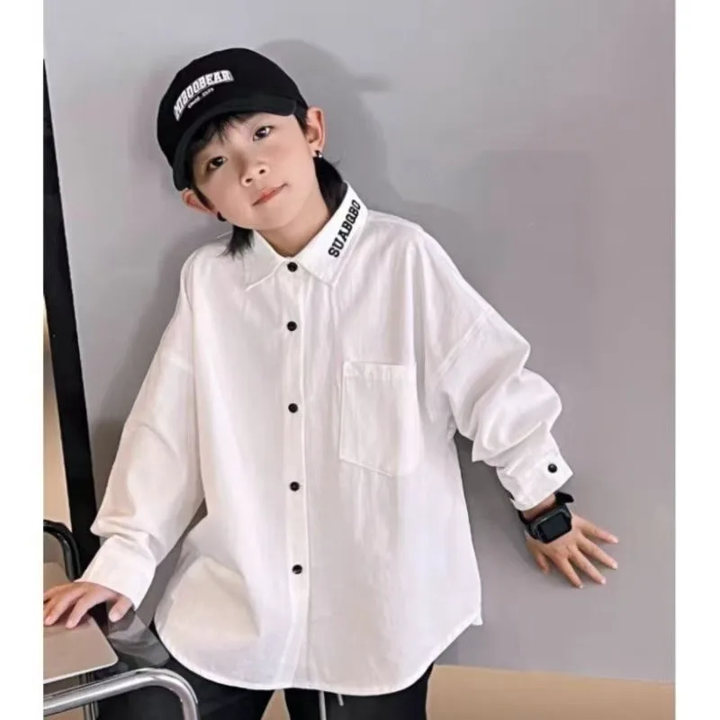

Spring and Autumn Boys' White Shirt 2026 New Style Middle and Large Children's Long Sleeve Letter Embroidered Outer Shirt Coat