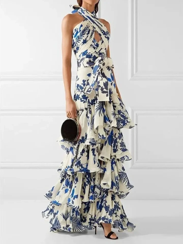 

Elegant Women Summer Dress Sleeveless Boho Maxi Dress Casual Floral Drawstring Bare Shoulder Loose Holiday Beach Dresses Party
