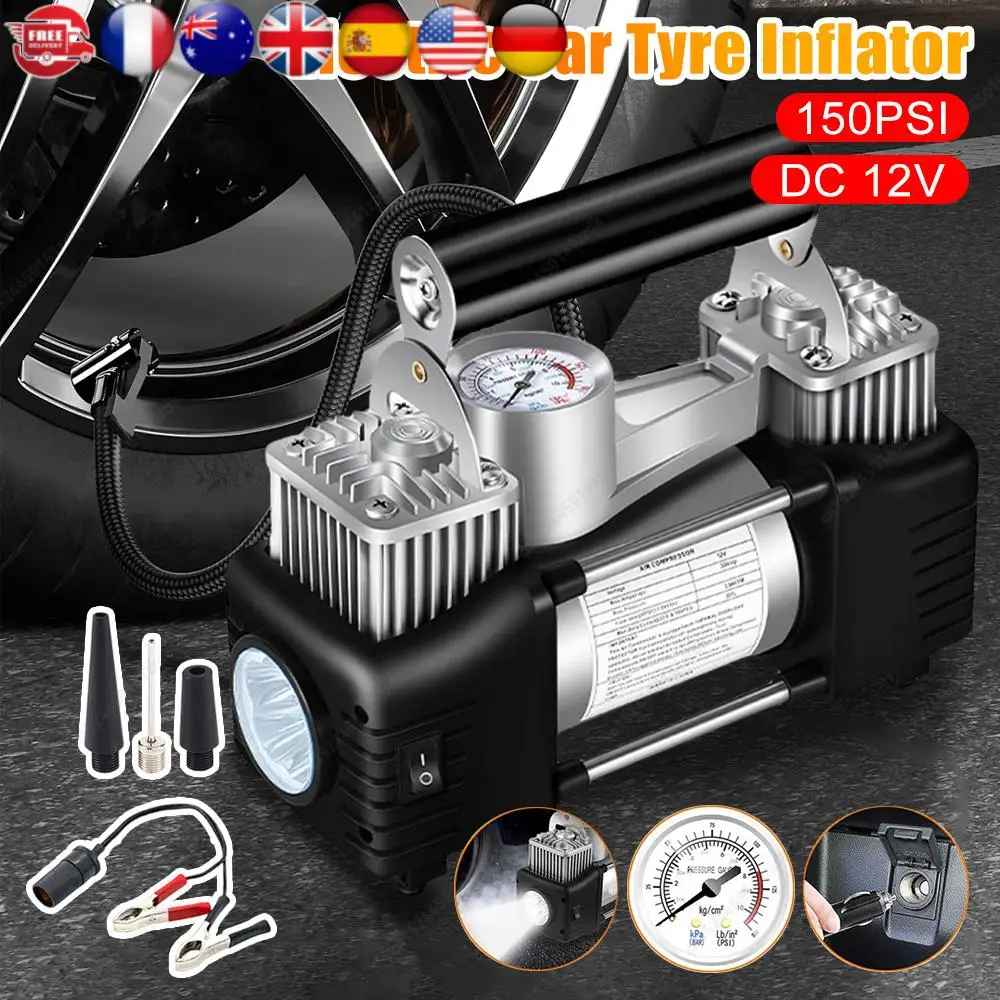 

12V Dual Cylinder Air Compressor 150PSI Heavy Duty Tire Inflator with Pressure Gauge Auto Truck Electric Inflatable Air Pump New