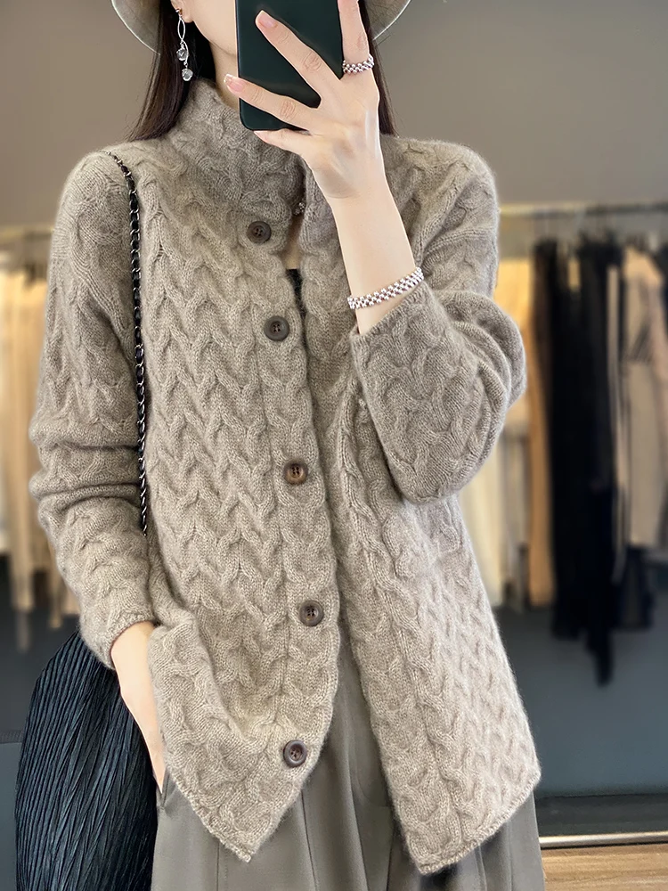 New 100% Merino Wool Women Cardigan Autumn Winter Solid Color Sweater Twist Flower Soft Cashmere Turn down collar Knitted Top