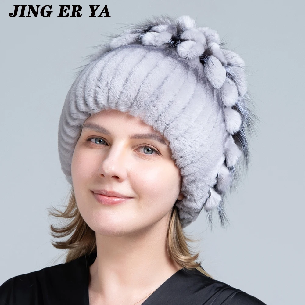 JERYAFUR Winter Women\'s Warm Fashion Beanie Knitted Hat Real Rex Rabbit Fur Hat Knitted with Side Flower Russia Hat