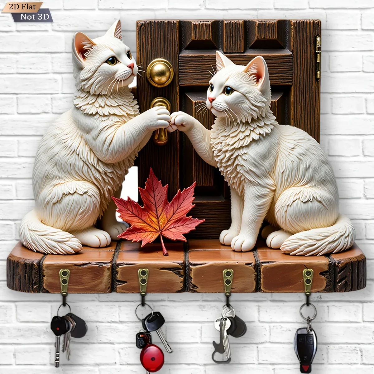 2D Flat, 1pc, Double Cat Maple Leaf Theme Style Key Hook Wooden Multifunctional Home Key Rack, with Four Metal Hooks, Wall