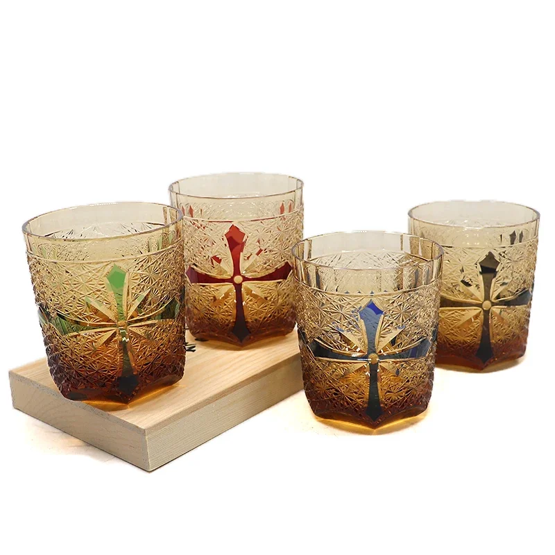 Edo Kiriko Cross Pattern Hand Cut Crystal Tumbler Color Cased Vintage Whiskey Glass Hand Engraved Drinking Cup