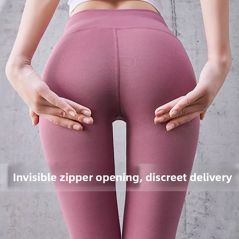 Outdoor Invisible Zipper Open-Crotch Yoga Pants Tight Fit Sports Capri Pants Convenient for Date High Waist Composite Fabric