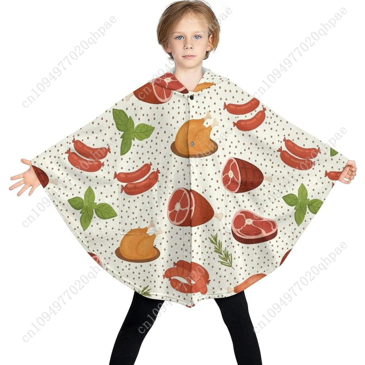 سترة بطانية مريحة من الفلانيل، هوديي كبير الحجم بنمط منتجات اللحوم مع جيوب للأطفال والمراهقين #3