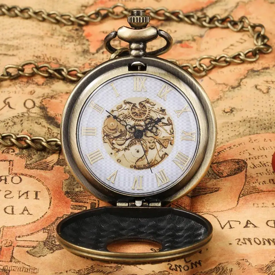 Orologio da tasca meccanico Cthulhu Vintage Steampunk Flip Cover da collezione con catena e scatola in denim - Rame antico/nero/dorato