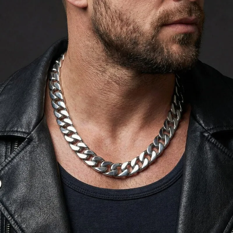 Fongten 61cm Classic Men's Cuban Chain Casual Stylish Stainless Steel Necklace Versatile Sweatshirt Accessories Jewelry Gifts