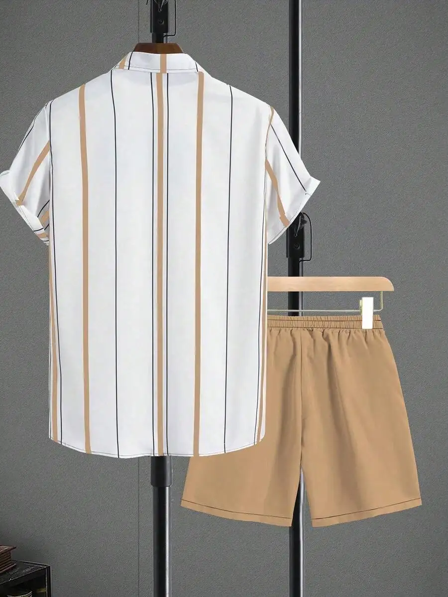 Manfinity Homme 2pcs/Set Men Striped Short Sleeve Single-Breasted Shirt & Shorts Sets For Men Summer, Cozy Outfits - view 6