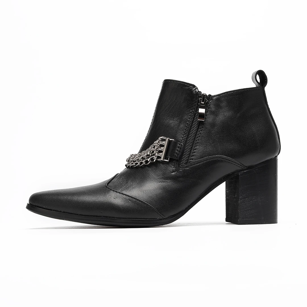 섹시한 정품 가죽 체인 남성 하이힐 슈즈 큰 사이즈 뾰족코 앵클 부츠 드랙퀸 파티 쇼 댄서 하이힐 슈즈