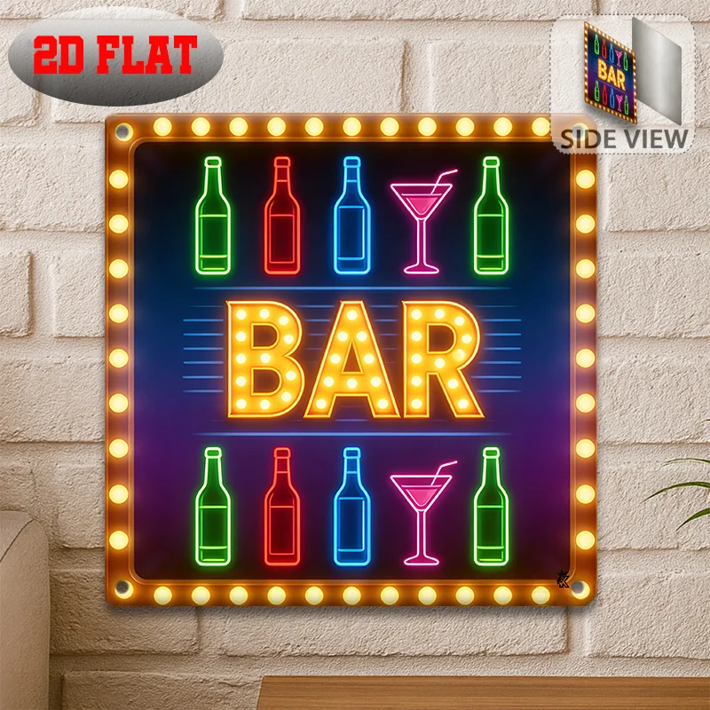 Vintage Metal Tin Sign,Bar Wine Bottle Martini Marquee Light Neon Print Rust Plaque,2D Flat No LED Bar Wall Decor