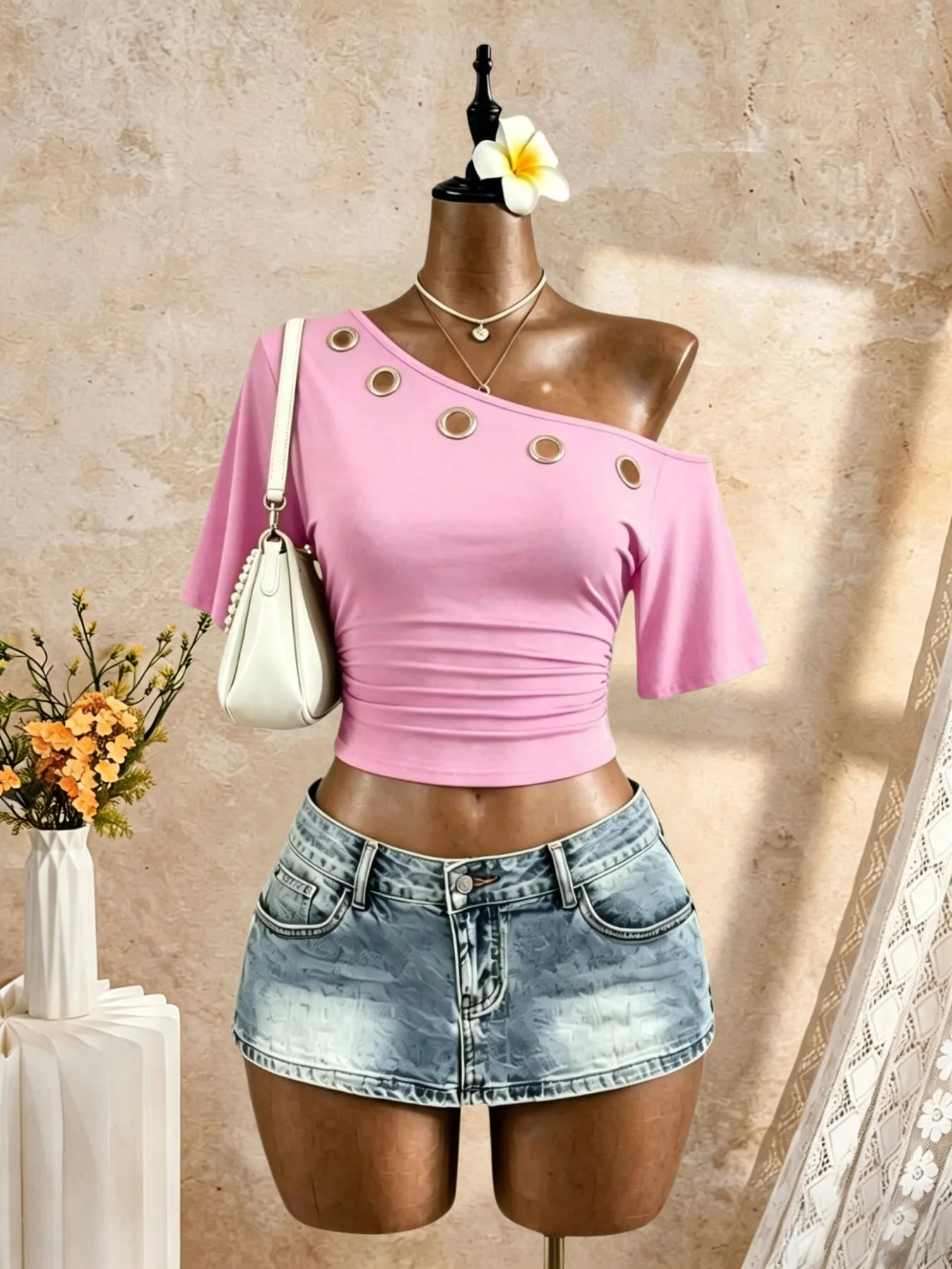 Damen One-Shoulder-Top mit Ösen, Metallring-Ausschnitt, kurzen Ärmeln, gerafftem Seitenbund, schmaler Passform, Y2K, lässig, für den Alltag, Streetwear, T-Shirts, Tops – Detail 8