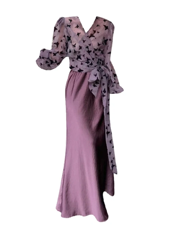 

plus Size Women's Summer Casual Vintage Floral V-Neck Sun Protection Top Silk Satin Halter Neck Long Skirt Two-Piece Set