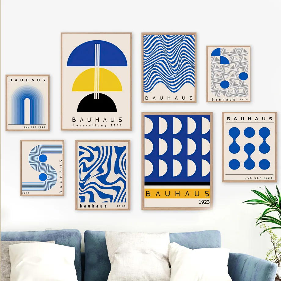 Mid Century Modern Blue Bauhaus Canvas Paintings Abstract Geometry Wall Art Posters  And Prints for Living Room Home Decor