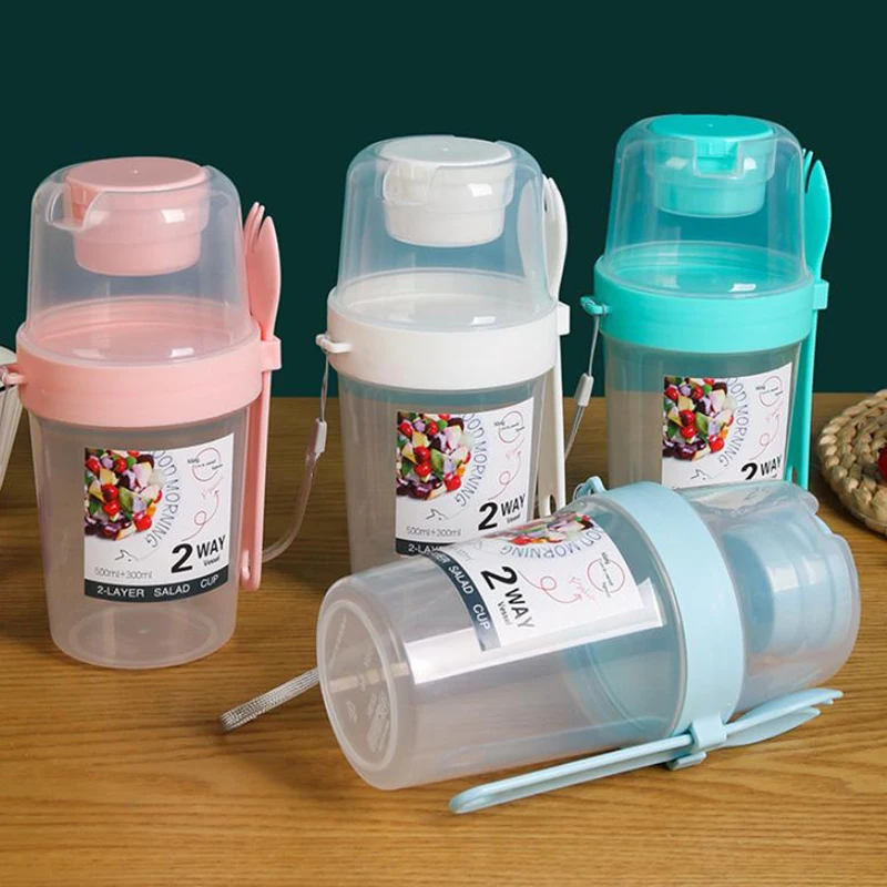 Breakfast Fruit Oat Yogurt Salad Cup with Lid and Spoon Two-layers Food Storage Bento Box Fitness Fat-Reduced Taper Bowl