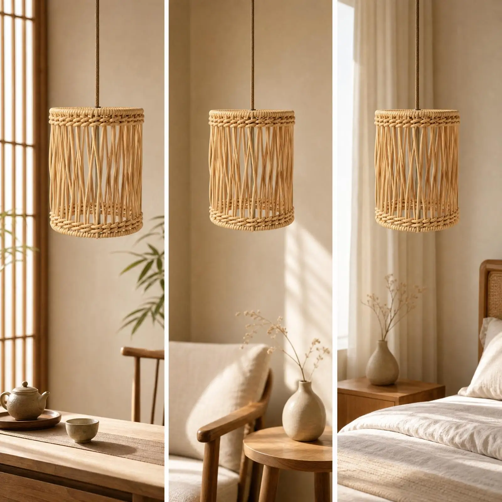 White Metal Pendant Lamp Screen Replacement Rattan Woven Lampshade for Bedroom Decor