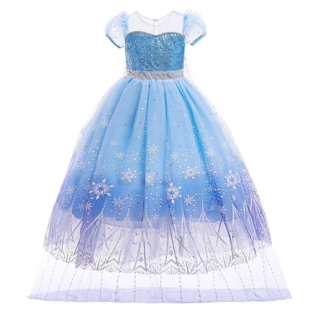 Girls Blue Sequins Princess Dress Snowflake Print Tulle Train Glowing Gown Kida Snow Queen Cosplay Elsa Costume Birthday Outfit