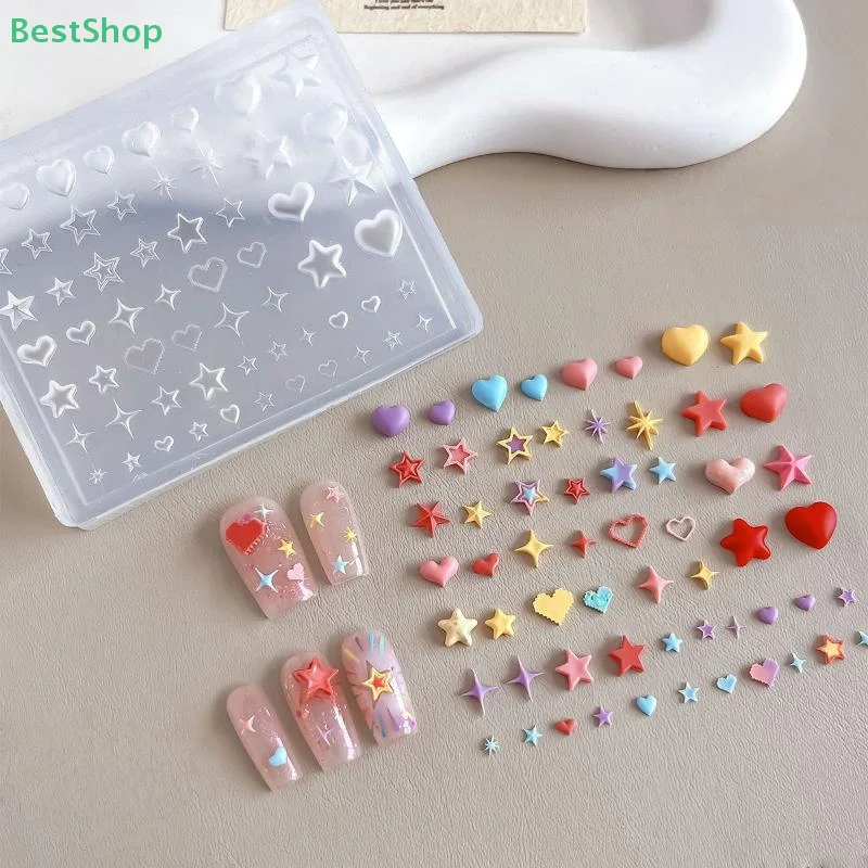 ♥ ♥ ♥ 3D 실리콘 네일 아트 몰드(오각형, 하트, 별) 릴리프 디자인 DIY 네일 장식, 클리어 매니큐어 템플릿