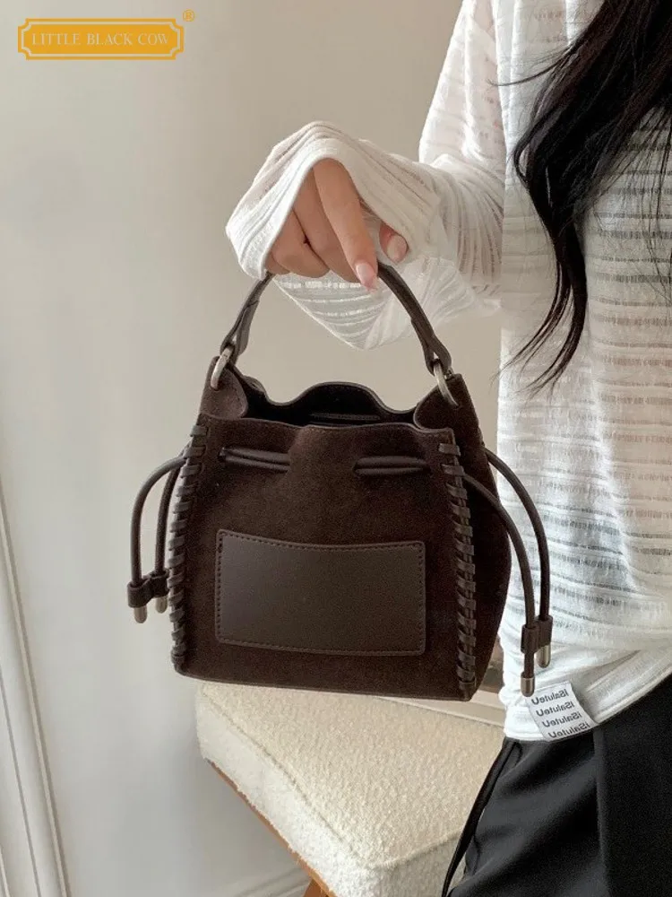 Handmade Women Drawstring Suede Leather Bucket Bag String Shoulder Casual Totes Handbag Cow Patchwork Strap Crossbody Bag Lady