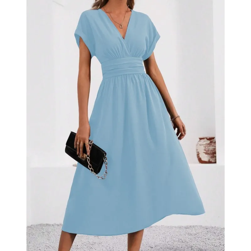 

Elegant Lady Summer Maxi Dresses Women's 2026 Solid Color V-Neck Batwing Sleeve Slim Waist Pleated Long Dress Simple Holiday