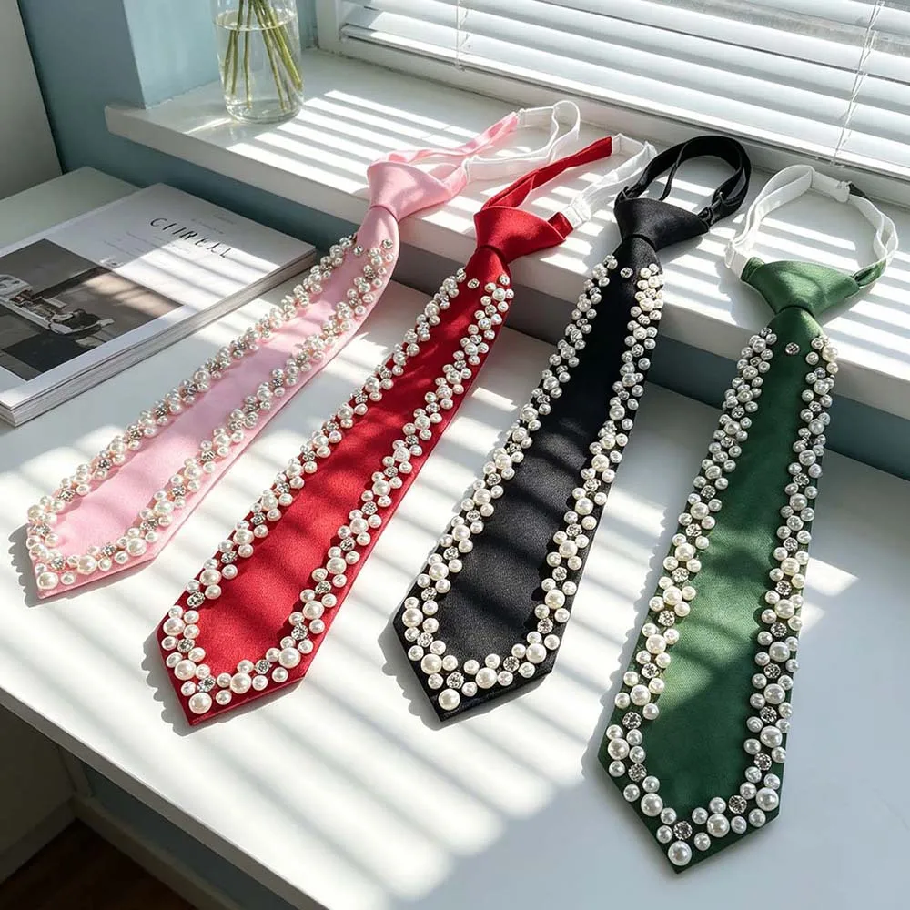 New Luxury Pearl Rhinestone Necktie for Women Versatile Tie Shirt Accessory College Style Fashion Elegant Jewelry Gifts