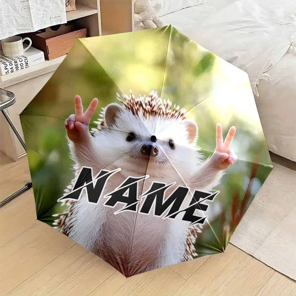 Custom Name Umbrella, Cute Hedgehog with Peace Sign Design Umbrella Folding Umbrella for Sunny and Rainy,Gift