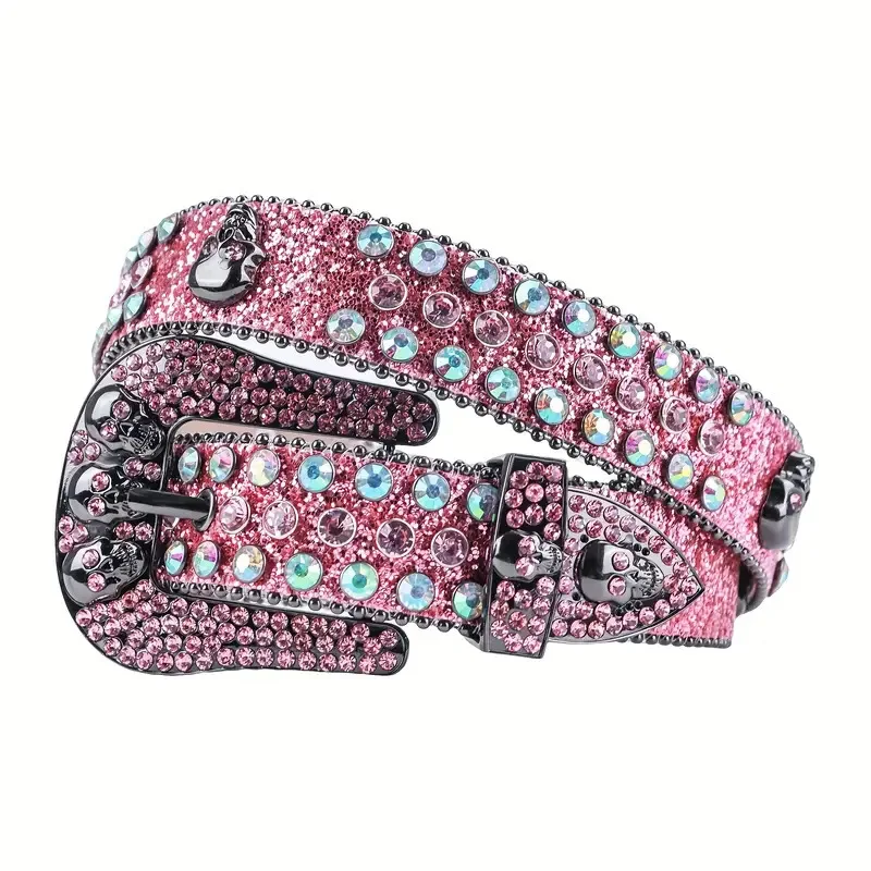 Cinturón de calavera con diamantes de imitación para mujer, decoración de Jeans incrustados de cristal, rosa, diseñador de lujo, bb