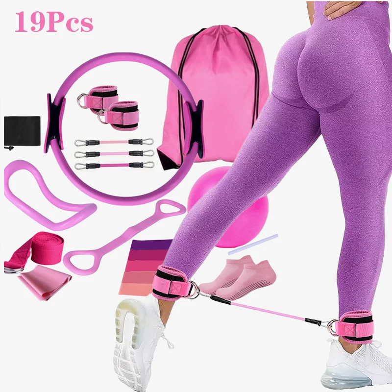 Conjunto de 19 piezas de círculo para Yoga y Pilates, correa para el tobillo para Fitness, cinturón elástico, conjunto elástico de Color degradado, banda de ejercicio para Pilates en casa