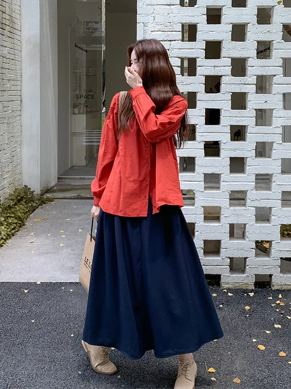 

Red round Neck Long Sleeve Shirt And High Waist Skirt Set Women's Casual Fashionable Two-Piece Suit for Early Autumn