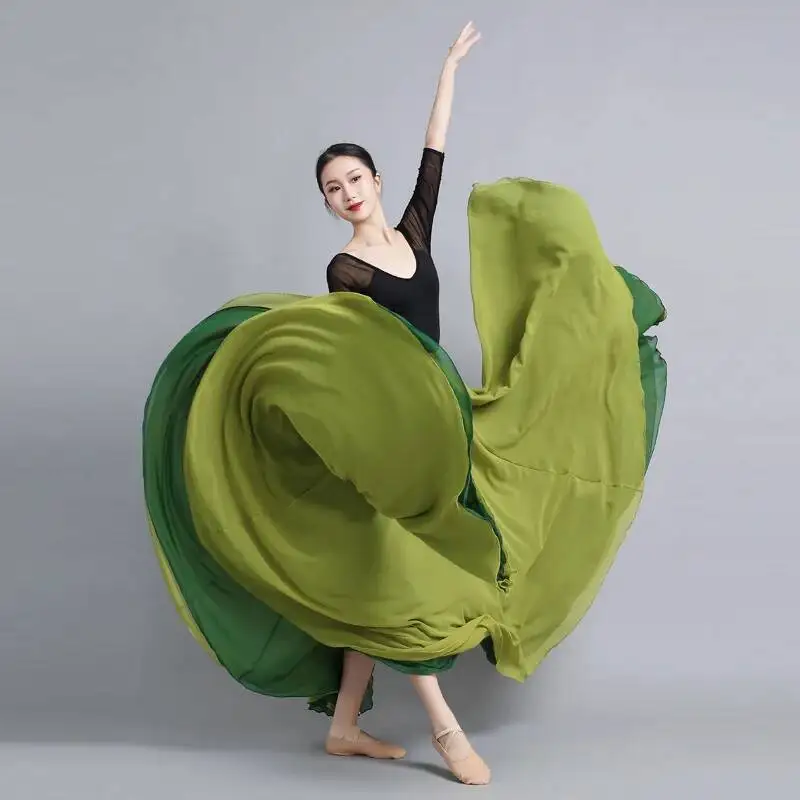 Flamenco Chiffon Dansrok Dames 720 Graden Effen Kleur Lange Rokken Danser Oefenkleding Chinese Stijl Rok met Grote Zoom