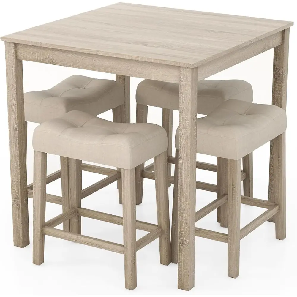 

5-Piece Square Bar Table Set with Padded Stools, Rubber Wood Legs, Ideal for Kitchen & Small Spaces