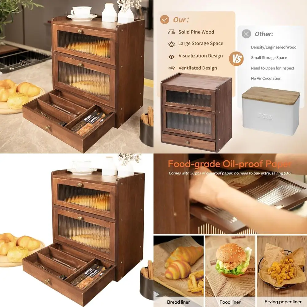 

Большая двухъярусная деревянная хлебница с 50 листами бумаги для деликатесов, контейнер для хранения хлеба в винтажном стиле, коричневый