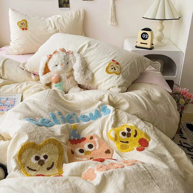 

Cute Toast Bedding Set Towel Embroidered Water Washed Cotton Bed Sheet Cartoon Quilt Student Dormitory Hotel Home Decoration