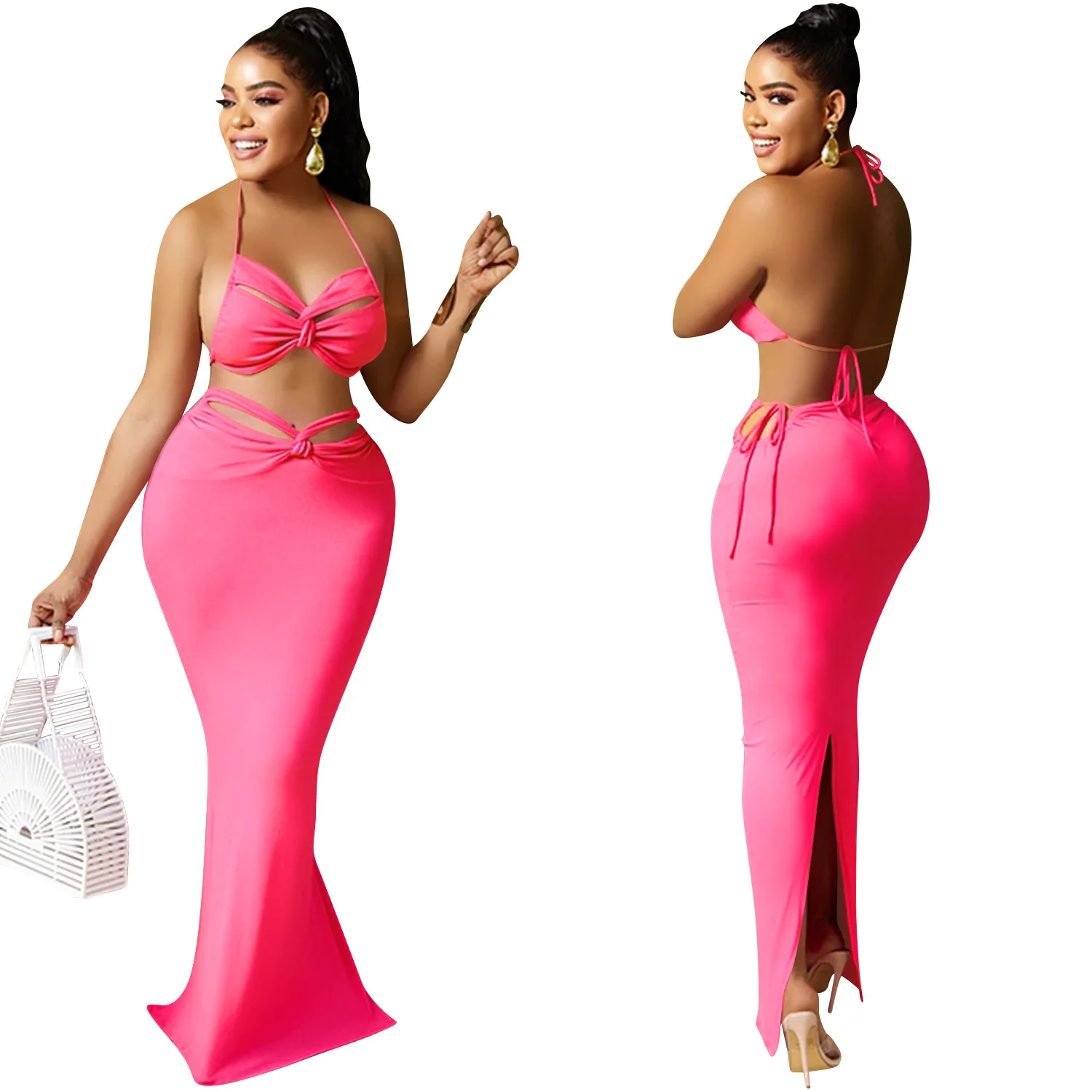 Sexy Summer Skirt Two Piece Set Women Dress Strapless Cross Lace Up Bra Top Split Maxi Skirts Outfit Party Club Matching Sets