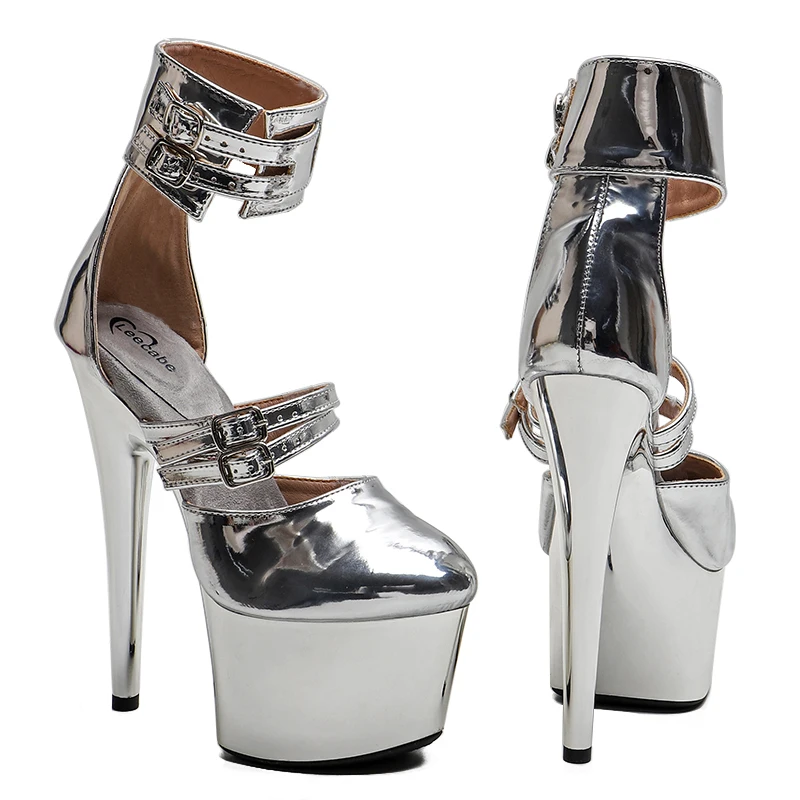 Leecabe  17CM/7inches  Shiny PU Closed toe Trend fashion Sandals High Heel platform stripper heel Pole Dance  shoes