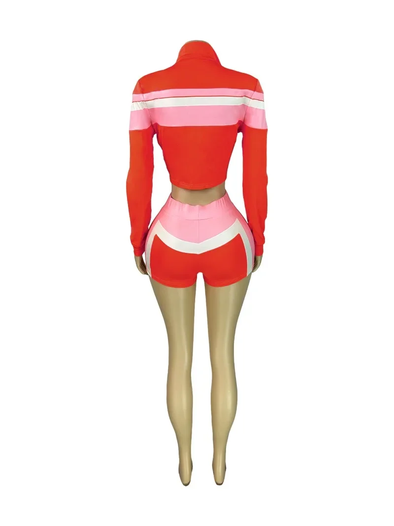 Chándales de retales de colores, conjunto de 3 piezas, Top Bandeau a la moda para mujer, chaquetas de manga larga con cremallera y pantalones cortos con cordones, trajes a juego