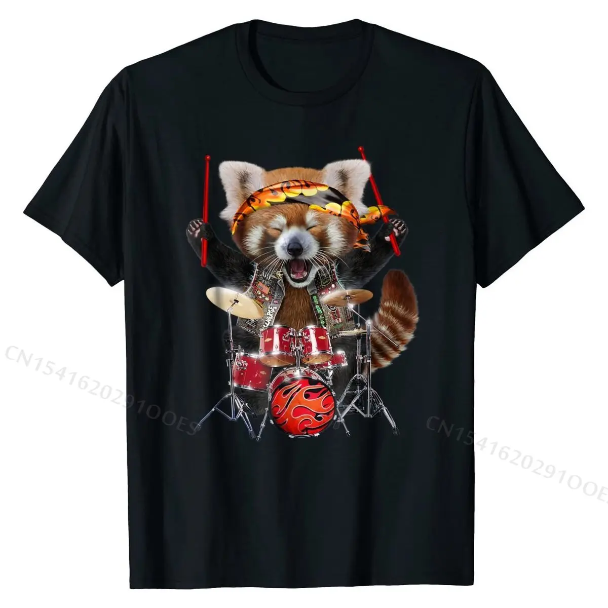 Punk Red Panda Play Drum in Heavy Metal Band - T-Shirt Europe Top T-shirts for Men Cotton Tops & Tees Personalized Classic